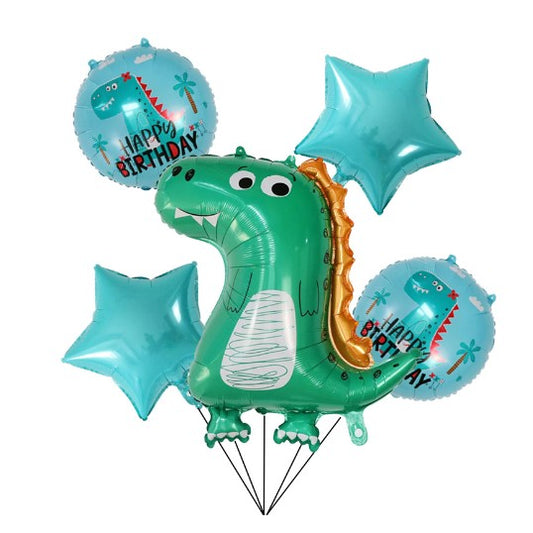 Set 5 Baloane folie de aluminiu, Figurina Dinozaur, pentru aniversare HAPYY BIRTHDAY, Stelute Albastre si Baloane Albastre, 50 - 70 cm