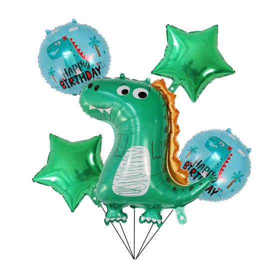 Set 5 Baloane folie de aluminiu, Figurina Dinozaur, pentru aniversare HAPYY BIRTHDAY, Stelute Verzi si Baloane Albastre, 50 - 70 cm