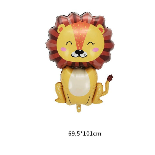 Set 5 Baloane din Folie Metalizata, Figurine, Tema Aniversare Jungla, Pai Inclus, Ambalaj Individual, Umflare cu Aer sau Heliu, Figurina Leu 69.5x101 cm, Stelute si Cerculete 45 cm, Multicolor