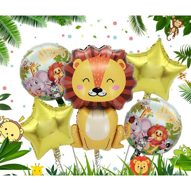 Set 5 Baloane din Folie Metalizata, Figurine, Tema Aniversare Jungla, Pai Inclus, Ambalaj Individual, Umflare cu Aer sau Heliu, Figurina Leu 69.5x101 cm, Stelute si Cerculete 45 cm, Multicolor