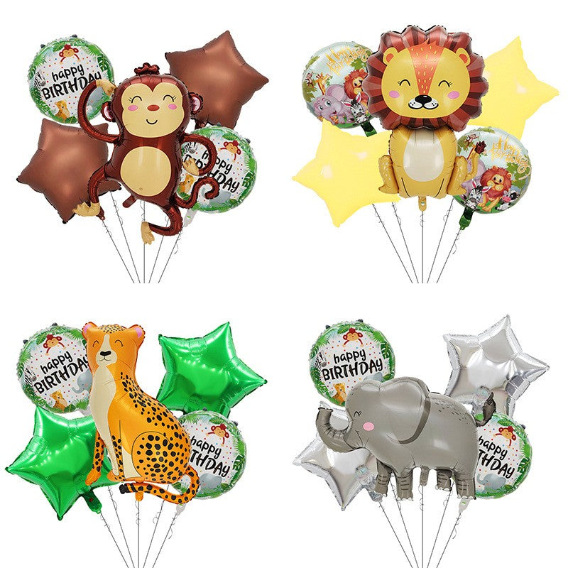 Set 5 Baloane din Folie Metalizata, Figurine, Tema Aniversare Jungla, Pai Inclus, Ambalaj Individual, Umflare cu Aer sau Heliu, Figurina Leu 69.5x101 cm, Stelute si Cerculete 45 cm, Multicolor