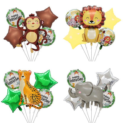 Set 5 Baloane din Folie Metalizata, Figurine, Tema Aniversare Jungla, Pai Inclus, Ambalaj Individual, Umflare cu Aer sau Heliu, Figurina Leu 69.5x101 cm, Stelute si Cerculete 45 cm, Multicolor