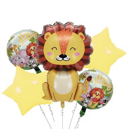 Set 5 Baloane din Folie Metalizata, Figurine, Tema Aniversare Jungla, Pai Inclus, Ambalaj Individual, Umflare cu Aer sau Heliu, Figurina Leu 69.5x101 cm, Stelute si Cerculete 45 cm, Multicolor