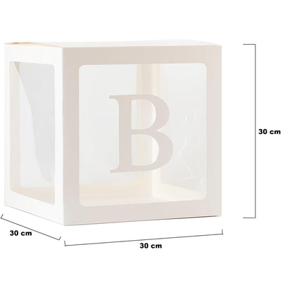 Set 5 Cutii pentru Baloane, Model Scris Bride, Tematica Nunta, Cuburi Decorative din Plastic, Accesorii pentru Petrecere, 30 x30 cm, Transparente Contur Alb