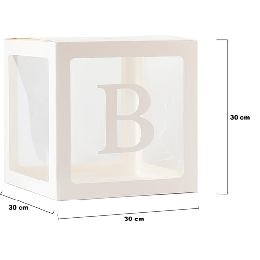 Set 5 Cutii pentru Baloane, Model Scris Bride, Tematica Nunta, Cuburi Decorative din Plastic, Accesorii pentru Petrecere, 30 x30 cm, Transparente Contur Alb