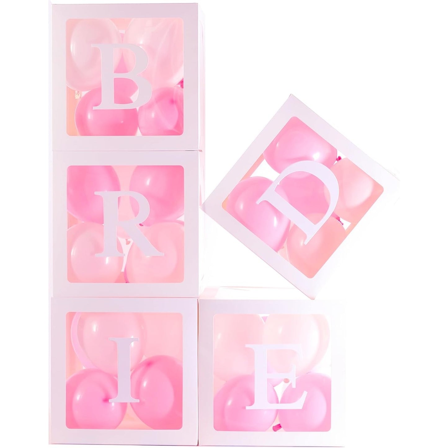 Set 5 Cutii pentru Baloane, Model Scris Bride, Tematica Nunta, Cuburi Decorative din Plastic, Accesorii pentru Petrecere, 30 x30 cm, Transparente Contur Alb