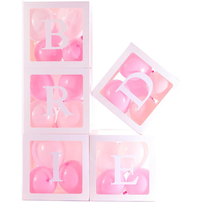Set 5 Cutii pentru Baloane, Model Scris Bride, Tematica Nunta, Cuburi Decorative din Plastic, Accesorii pentru Petrecere, 30 x30 cm, Transparente Contur Alb