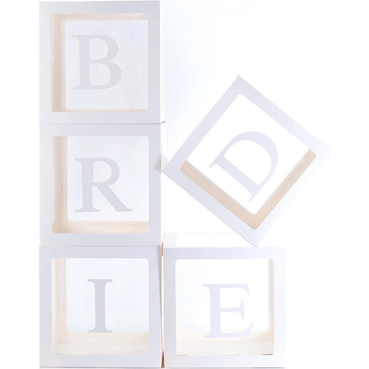 Set 5 Cutii pentru Baloane, Model Scris Bride, Tematica Nunta, Cuburi Decorative din Plastic, Accesorii pentru Petrecere, 30 x30 cm, Transparente Contur Alb