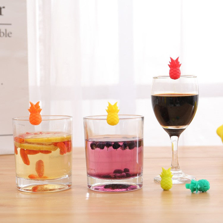 Set 6 Accesorii pentru Pahare, pentru Petreceri/Cocktailuri, din Silicon, Model Ananas, Multicolor