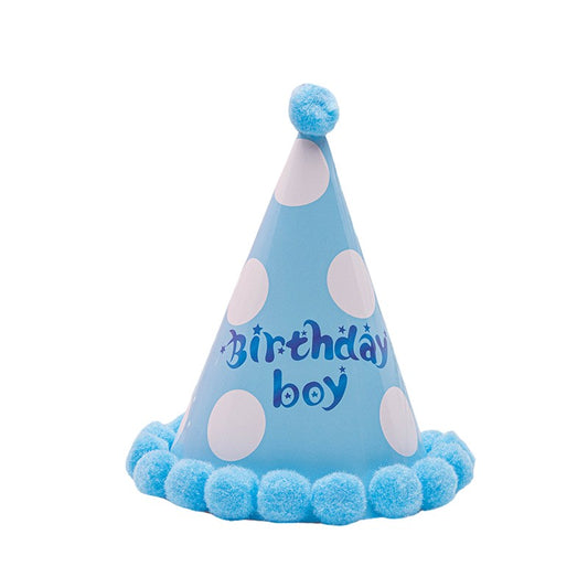 Set 6 Coifuri Birthday Boy, pentru Petrecere, Tematica Aniversare, Model cu Buline, Albastru