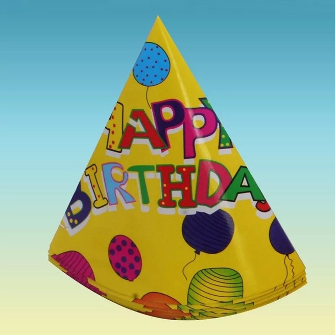 Set 6 Coifuri, Petrecere Copii, din Carton, 20 x 13.5 cm, Model 3 Happy Birthday, Multicolor