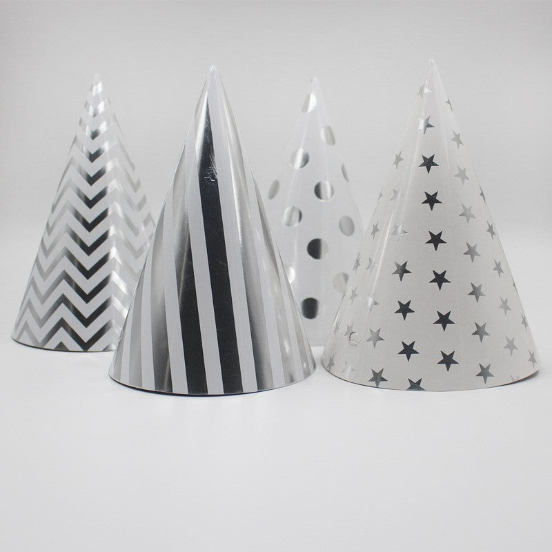 Set 6 Coifuri Metalizate, pentru Petrecere, Tematica Aniversare, Model Buline, 20 cm, Argintiu