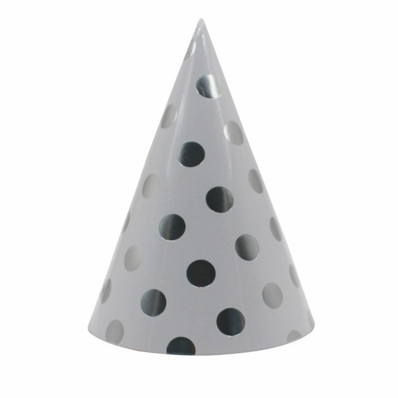 Set 6 Coifuri Metalizate, pentru Petrecere, Tematica Aniversare, Model Buline, 20 cm, Argintiu
