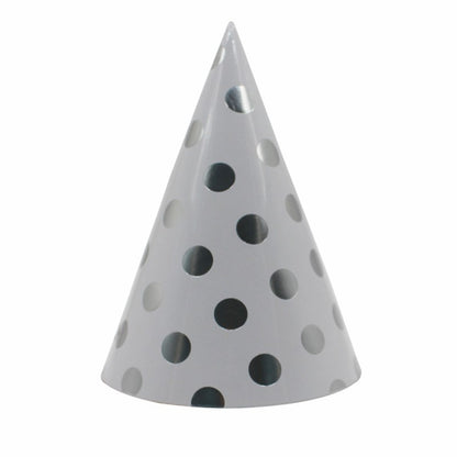 Set 6 Coifuri Metalizate, pentru Petrecere, Tematica Aniversare, Model Buline, 20 cm, Argintiu