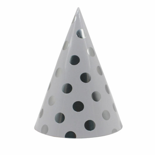 Set 6 Coifuri Metalizate, pentru Petrecere, Tematica Aniversare, Model Buline, 20 cm, Argintiu