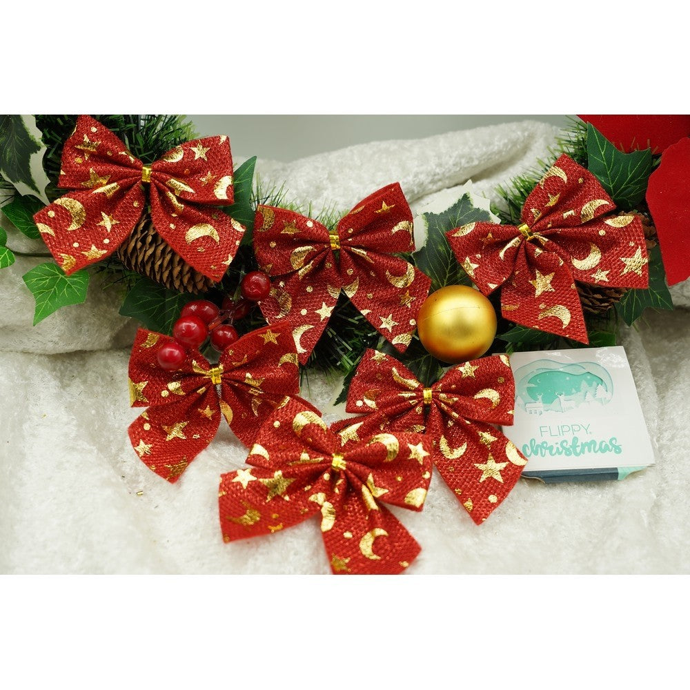 Set 6 fundite pentru brad, Rosii, cu stelute , 8 x 8 cm, din poliester