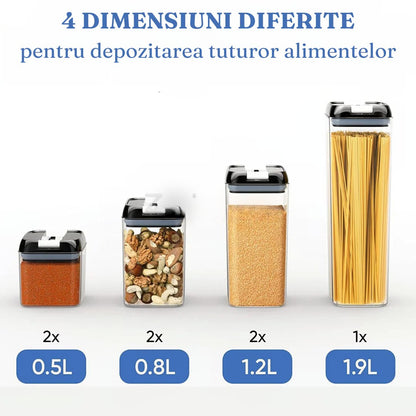 Set 7 Recipiente Organizare Alimente, Inchidere Etansa, Etichete Reutilizabile, Cupe Masurare, 4 Dimensiuni Diferite, din Plastic Dur, Transparent