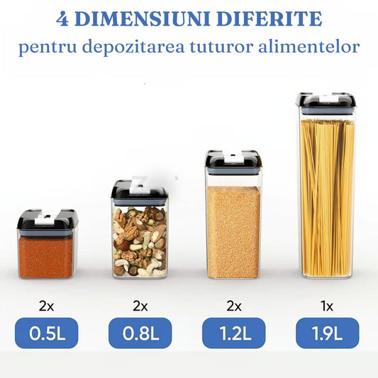 Set 7 Recipiente Organizare Alimente, Inchidere Etansa, Etichete Reutilizabile, Cupe Masurare, 4 Dimensiuni Diferite, din Plastic Dur, Transparent