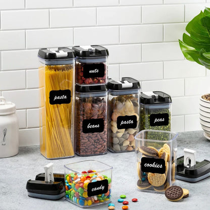 Set 7 Recipiente Organizare Alimente, Inchidere Etansa, Etichete Reutilizabile, Cupe Masurare, 4 Dimensiuni Diferite, din Plastic Dur, Transparent