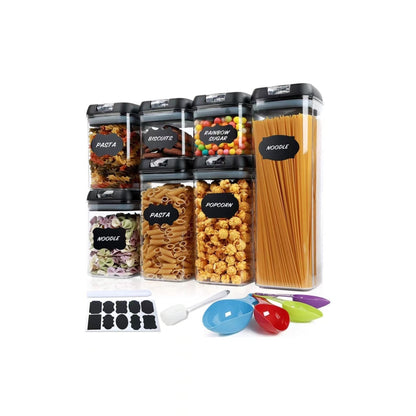 Set 7 Recipiente Organizare Alimente, Inchidere Etansa, Etichete Reutilizabile, Cupe Masurare, 4 Dimensiuni Diferite, din Plastic Dur, Transparent