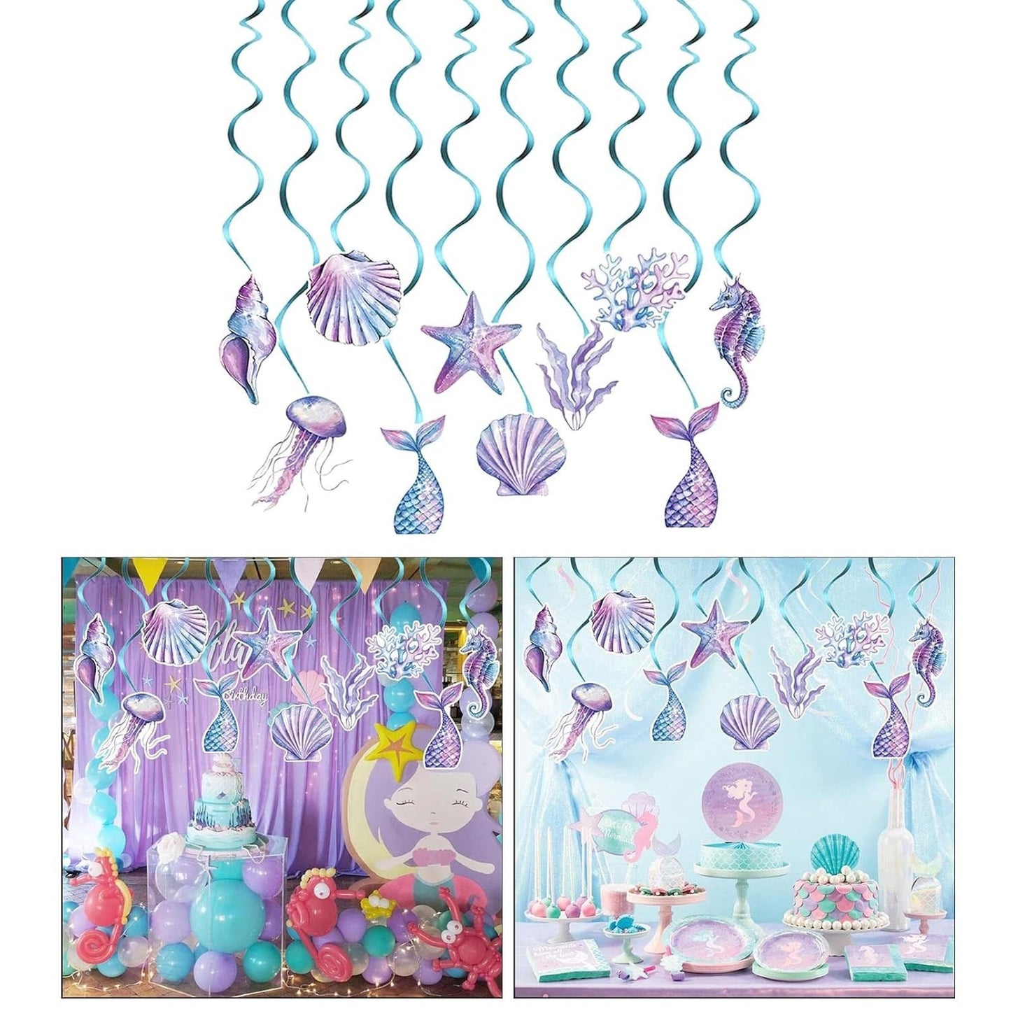Set 8 Decoratiuni pentru Petrecere Sirena, Colectia Mermaid, Panglici Incluse, Multicolor