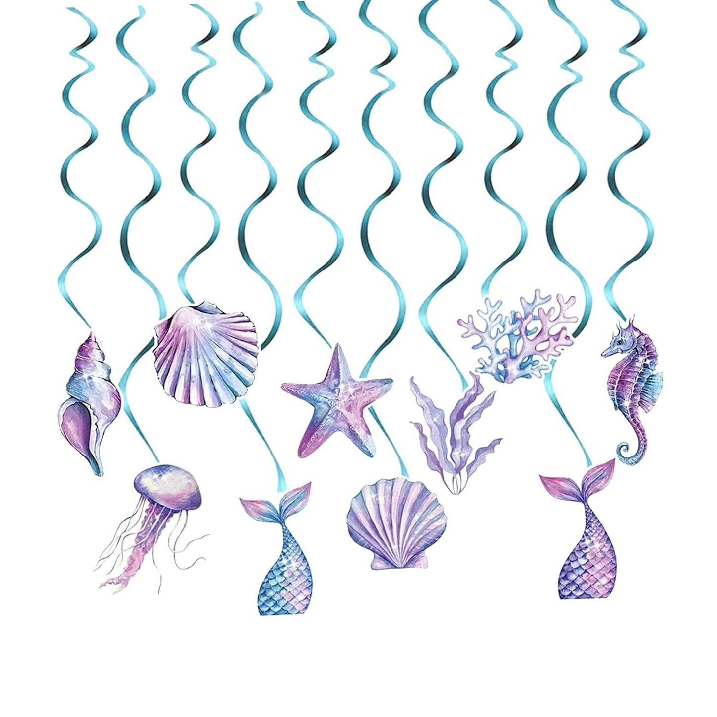 Set 8 Decoratiuni pentru Petrecere Sirena, Colectia Mermaid, Panglici Incluse, Multicolor