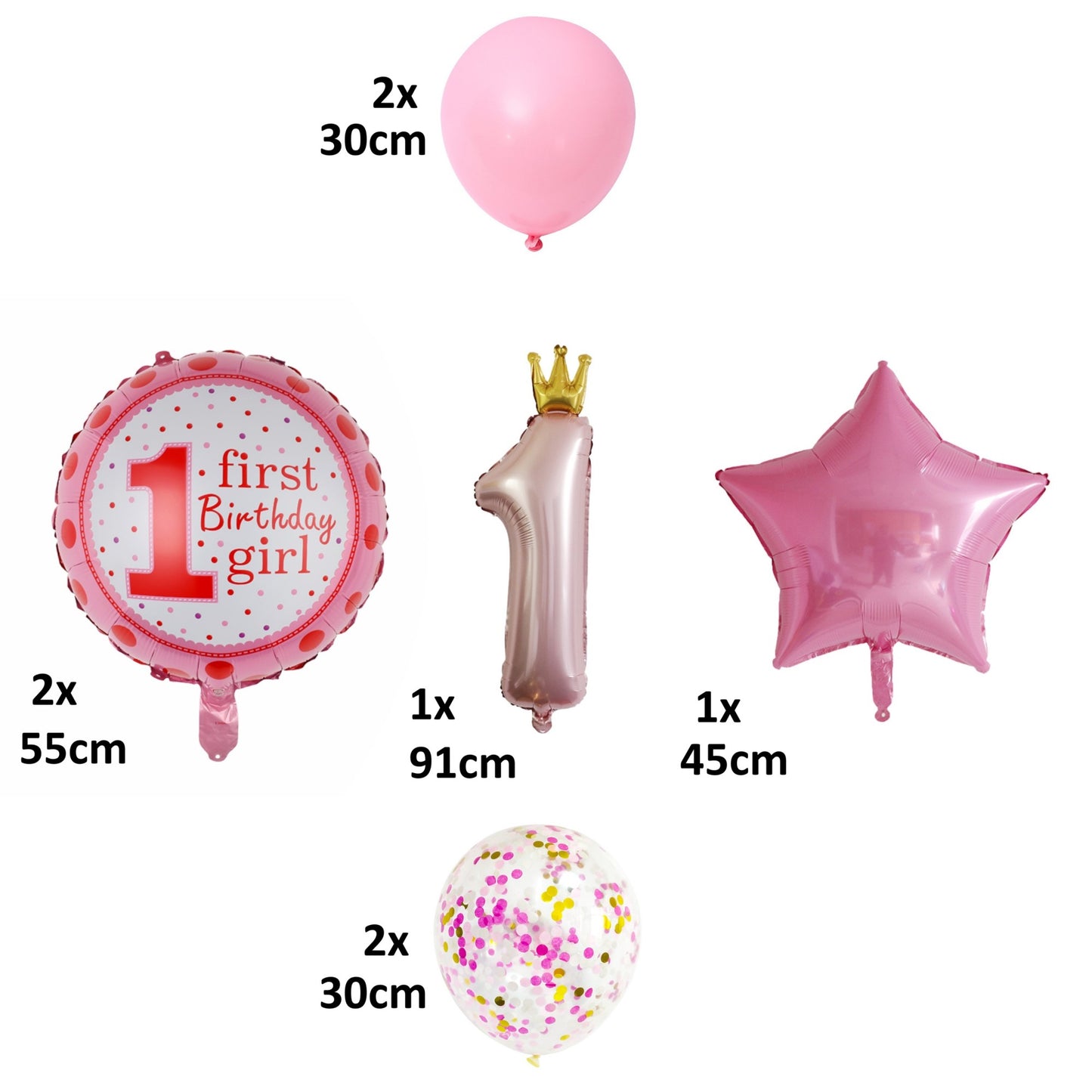 Set 8 Baloane din Folie Metalizată si din Latex, Figurine Cifra 1 Printesa 91cm, Stea 45 cm si Cerc 55 cm, Baloane Latex 30 cm, Tema Prima Aniversare, Ambalaj Individual, Pai Inclus, Umflare cu Aer sau Heliu, Roz