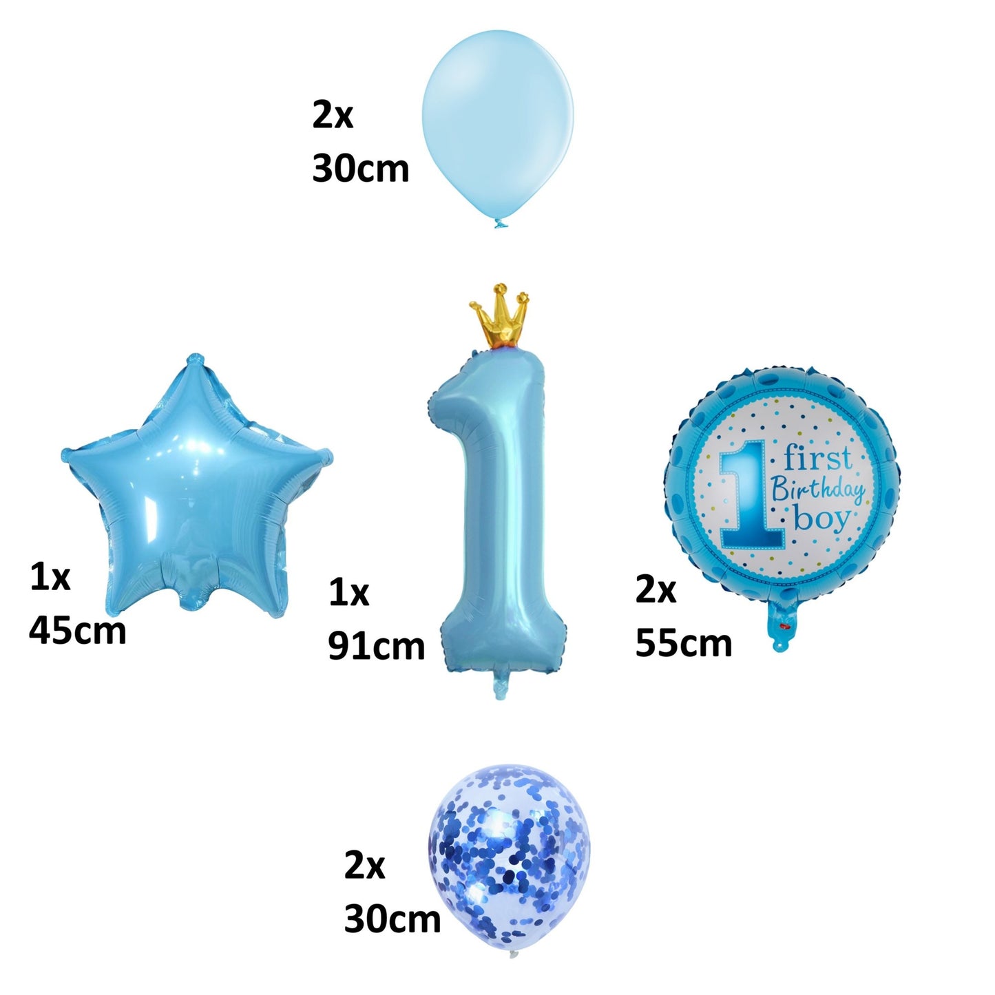 Set 8 Baloane din Folie Metalizată si din Latex, Figurine Cifra 1 Printesa 91cm, Stea 45 cm si Cerc 55 cm, Baloane Latex 30 cm, Tema Prima Aniversare, Ambalaj Individual, Pai Inclus, Umflare cu Aer sau Heliu, Albastru