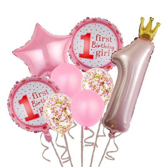Set 8 Baloane din Folie Metalizată si din Latex, Figurine Cifra 1 Printesa 91cm, Stea 45 cm si Cerc 55 cm, Baloane Latex 30 cm, Tema Prima Aniversare, Ambalaj Individual, Pai Inclus, Umflare cu Aer sau Heliu, Roz