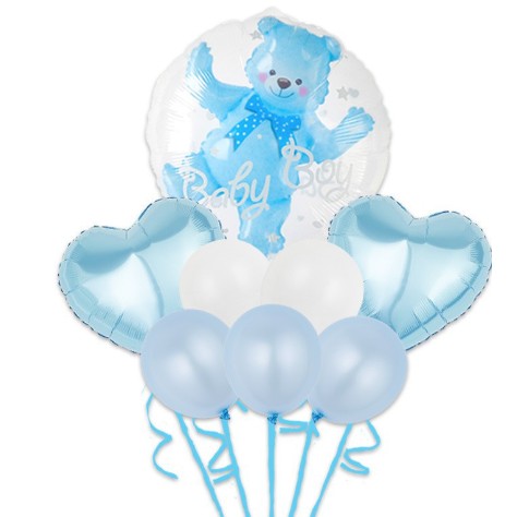 Set Baloane Aniversare, set din 8 bucati, 1 bucata urs, 2 inimi folie, 5 simple din latex Baby Boy, 60 cm Albastru