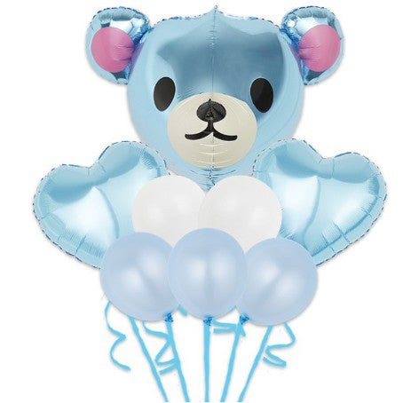 Set Baloane Aniversare, set din 8 bucati, 1 bucata urs mare, 2 inimi folie, 5 simple din latex Baby Boy, 60 cm Albastru