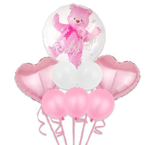 Set Baloane Aniversare, set din 8 bucati, 1 bucata urs, 2 inimi folie,5 simple din latex Baby Girl, 60 cm Roz