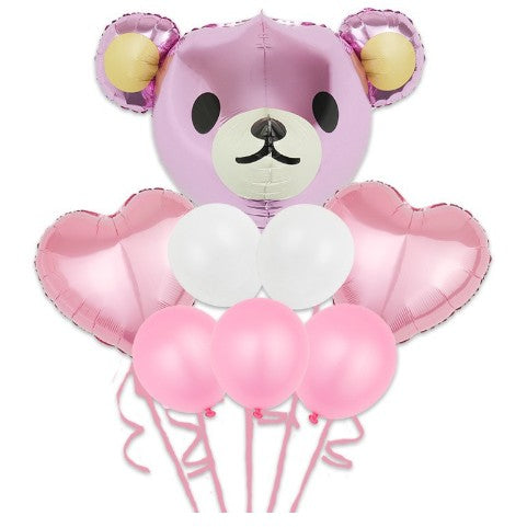 Set Baloane Aniversare, set din 8 bucati, 1 bucata urs mare, 2 inimi folie,5 simple din latex Baby Girl, 60 cm Roz