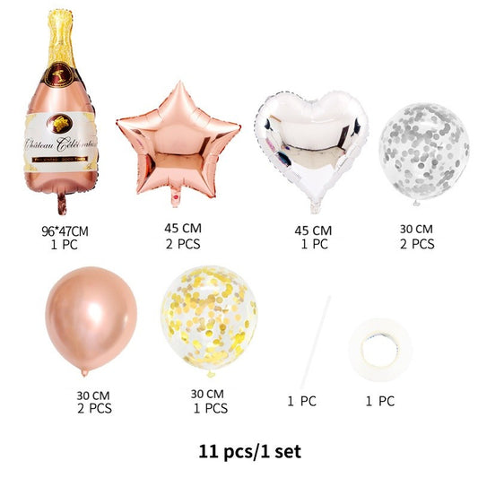 Set 9 Baloane din Folie Metalizată si din Latex, Model Sticla de Sampanie, Baloane Party, Bat si Adeziv Incluse, Umflare cu Aer sau Heliu, Roz Alb