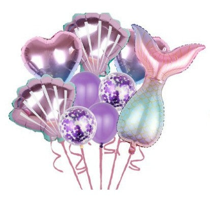 Set baloane aniversare pentru fetita, set din 9 baloane, Tematica Sirene, 5 Baloane Folie, 4 baloane latex, cu inimii Mov metalizat