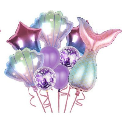 Set baloane aniversare pentru fetita, set din 9 baloane, Tematica Sirene, 5 Baloane Folie, 4 baloane latex, cu stele, Mov gradient