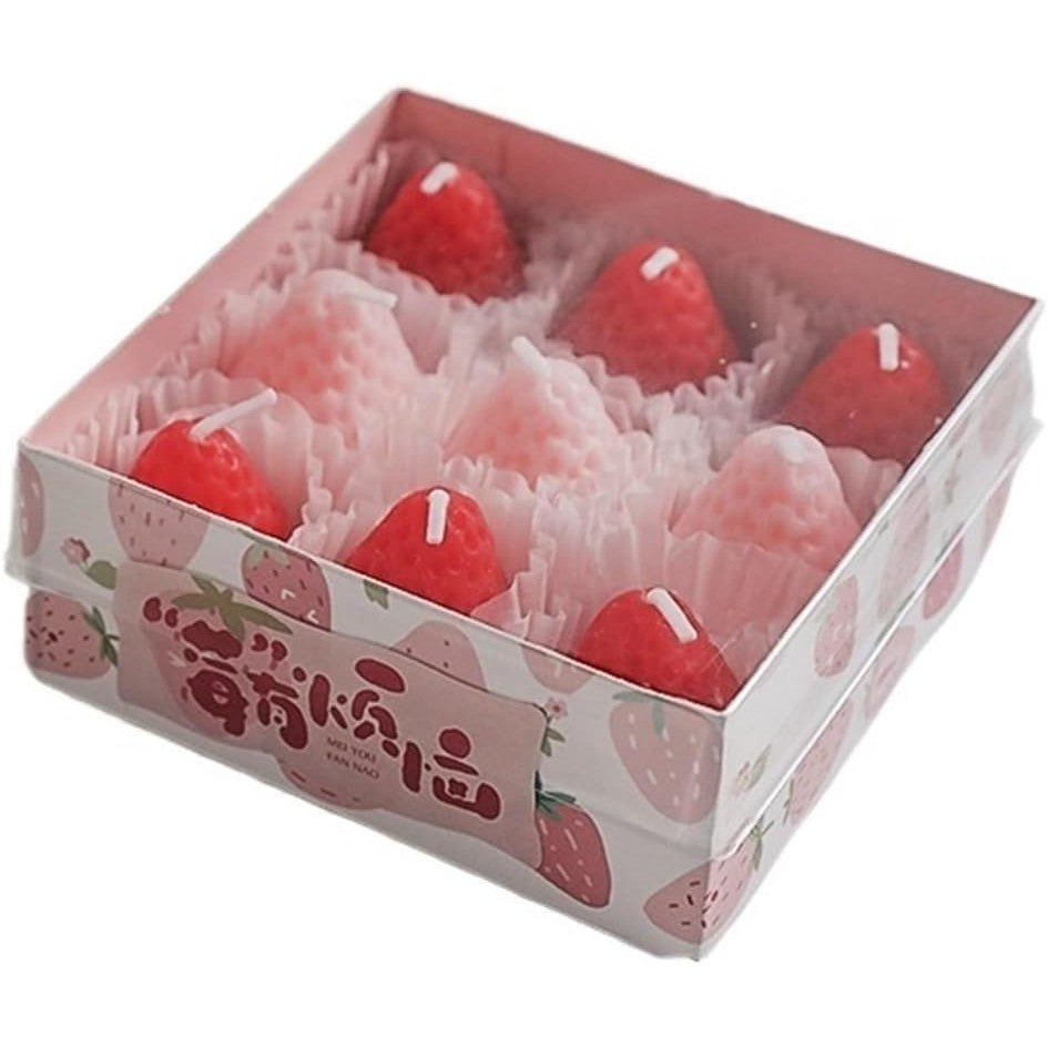 Set 9 Lumanari Parfumate, Model Capsunici, Ardere 30 min, 117g, 9.3 x 9.3 x 3.8 cm, Roz/Rosu