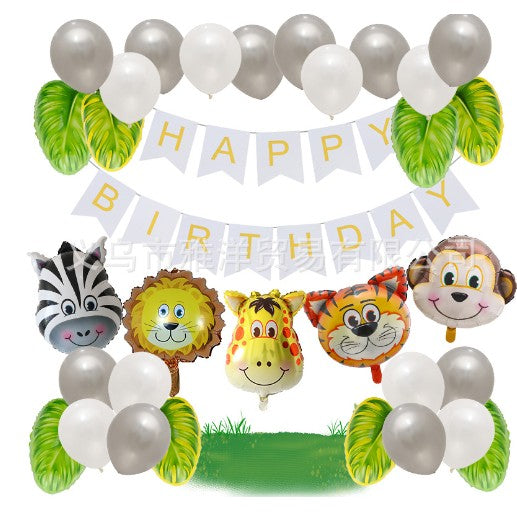 Set baloane aniversare 32 de piese, 1 banner HAPPY BIRTHDAY, 5 baloane folie, Figurine Animale, 8 baloane frunza, 18 baloane latex, Gri Alb Multicolor