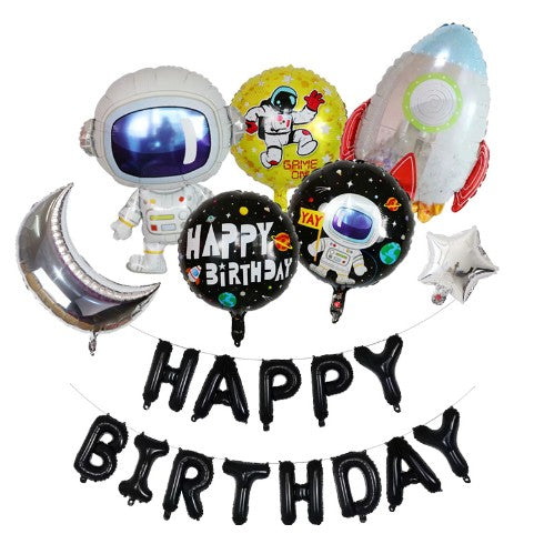 Set baloane aniversare 8 piese, tematica HAPPY BIRTHDAY, Figurine Astronaut Racheta, 1 luna, 1 stea, 3 baloane folie, Multicolor
