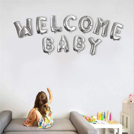 Set Baloane din Folie Metalizata, Figurine Litere, Model Welcome Baby, Tema Aniversare, 40 cm, Ambalaj Individual, Pai inclus, Umflare cu Aer sau Heliu, Argintiu