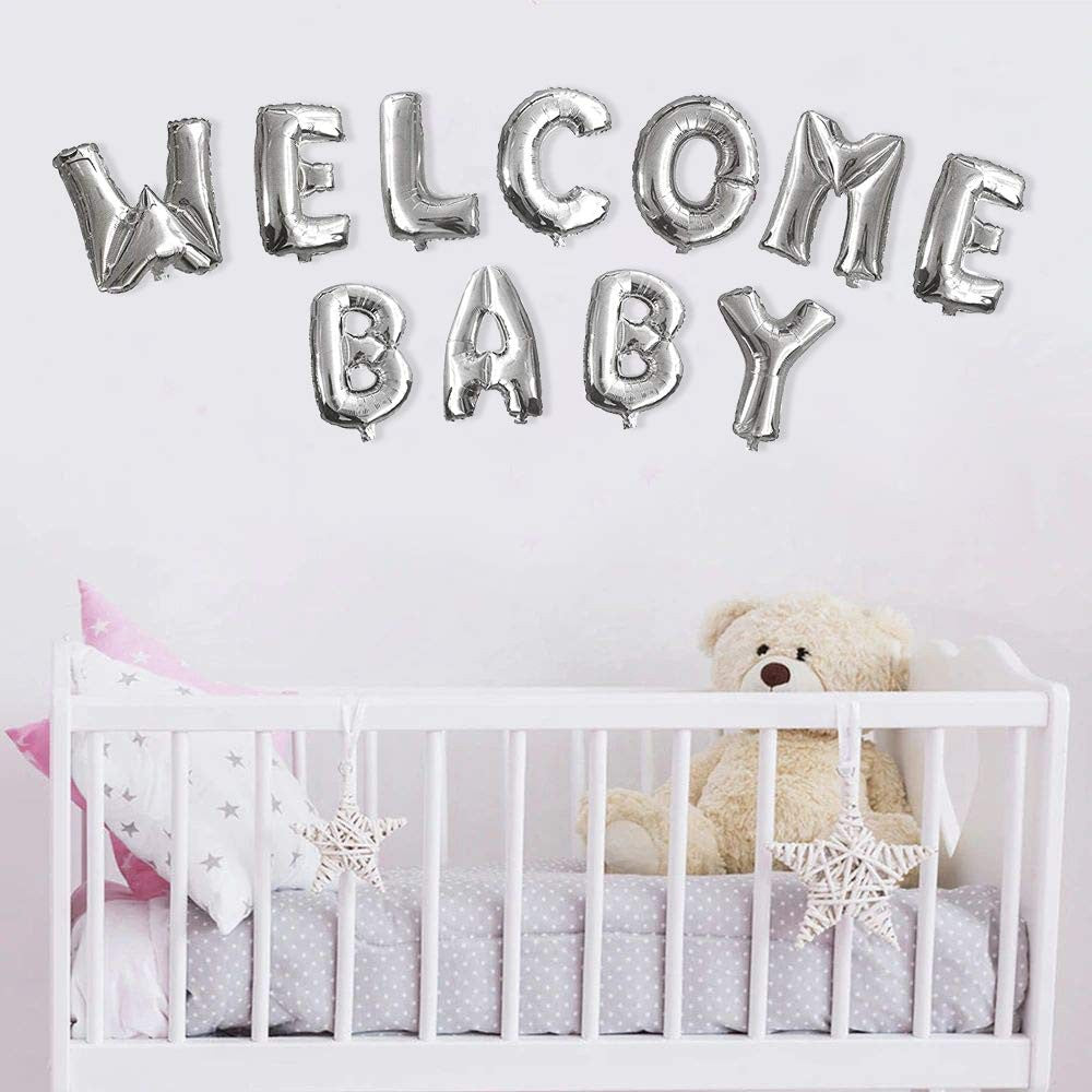 Set Baloane din Folie Metalizata, Figurine Litere, Model Welcome Baby, Tema Aniversare, 40 cm, Ambalaj Individual, Pai inclus, Umflare cu Aer sau Heliu, Argintiu