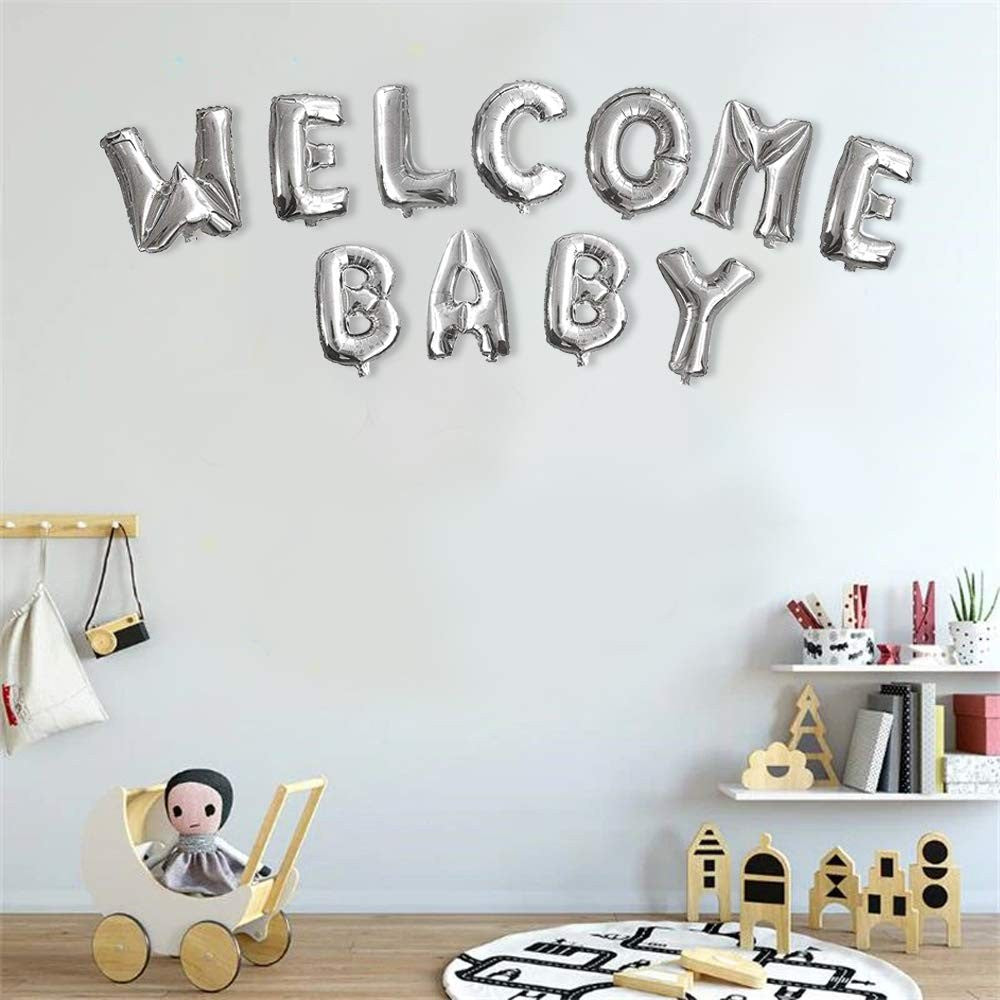 Set Baloane din Folie Metalizata, Figurine Litere, Model Welcome Baby, Tema Aniversare, 40 cm, Ambalaj Individual, Pai inclus, Umflare cu Aer sau Heliu, Argintiu
