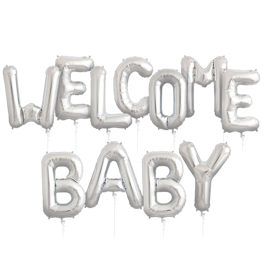 Set Baloane din Folie Metalizata, Figurine Litere, Model Welcome Baby, Tema Aniversare, 40 cm, Ambalaj Individual, Pai inclus, Umflare cu Aer sau Heliu, Argintiu