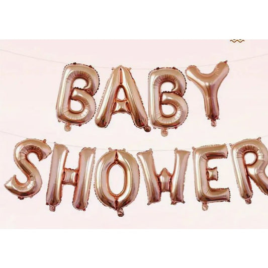 Set Baloane din Folie Metalizata, Model Baby Shower, Litere de 40 cm, Baloane Party, Ambalaj Individual, Pai, Ata si Adeziv Incluse, Umflare cu Aer sau Heliu, Rose Gold