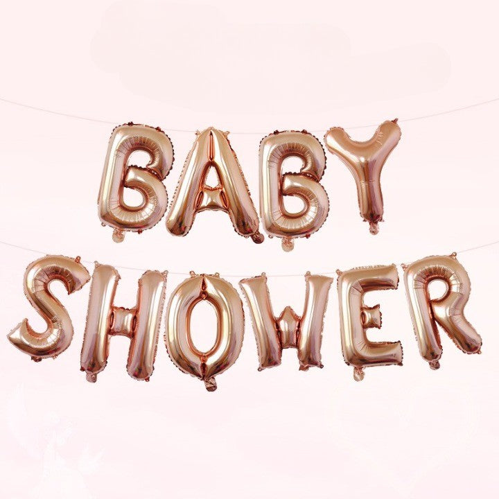 Set Baloane din Folie Metalizata, Model Baby Shower, Litere de 40 cm, Baloane Party, Ambalaj Individual, Pai, Ata si Adeziv Incluse, Umflare cu Aer sau Heliu, Rose Gold