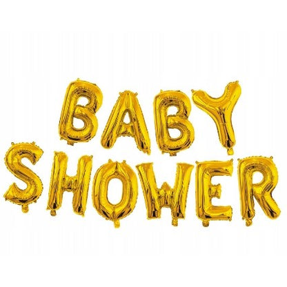 Set Baloane din Folie Metalizata, Model Baby Shower, Litere de 40 cm, Baloane Party, Ambalaj Individual, Pai, Ata si Adeziv Incluse, Umflare cu Aer sau Heliu, Auriu