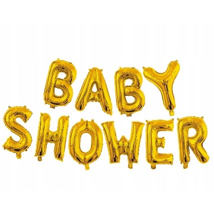 Set Baloane din Folie Metalizata, Model Baby Shower, Litere de 40 cm, Baloane Party, Ambalaj Individual, Pai, Ata si Adeziv Incluse, Umflare cu Aer sau Heliu, Auriu