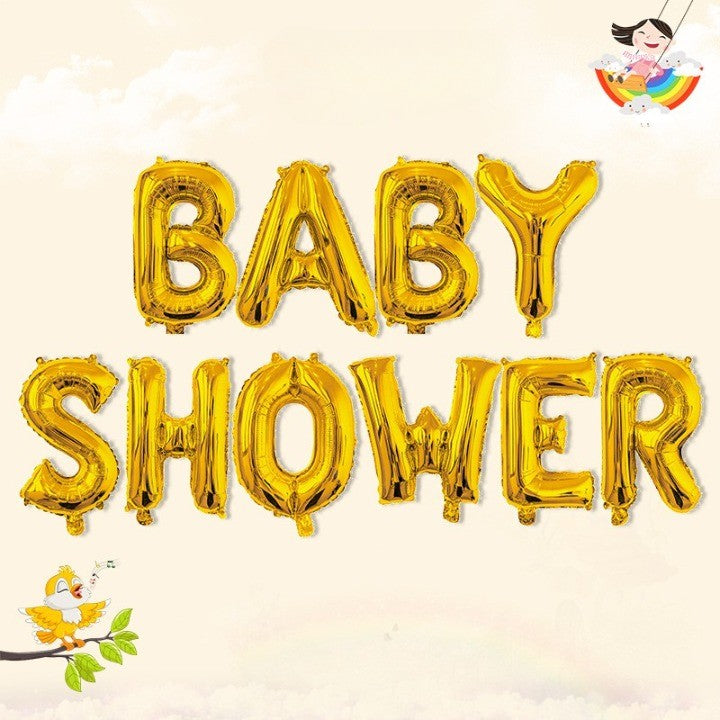 Set Baloane din Folie Metalizata, Model Baby Shower, Litere de 40 cm, Baloane Party, Ambalaj Individual, Pai, Ata si Adeziv Incluse, Umflare cu Aer sau Heliu, Auriu