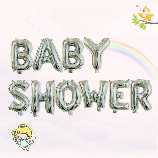 Set Baloane din Folie Metalizata, Model Baby Shower, Litere de 40 cm, Baloane Party, Ambalaj Individual, Pai, Ata si Adeziv Incluse, Umflare cu Aer sau Heliu, Argintiu