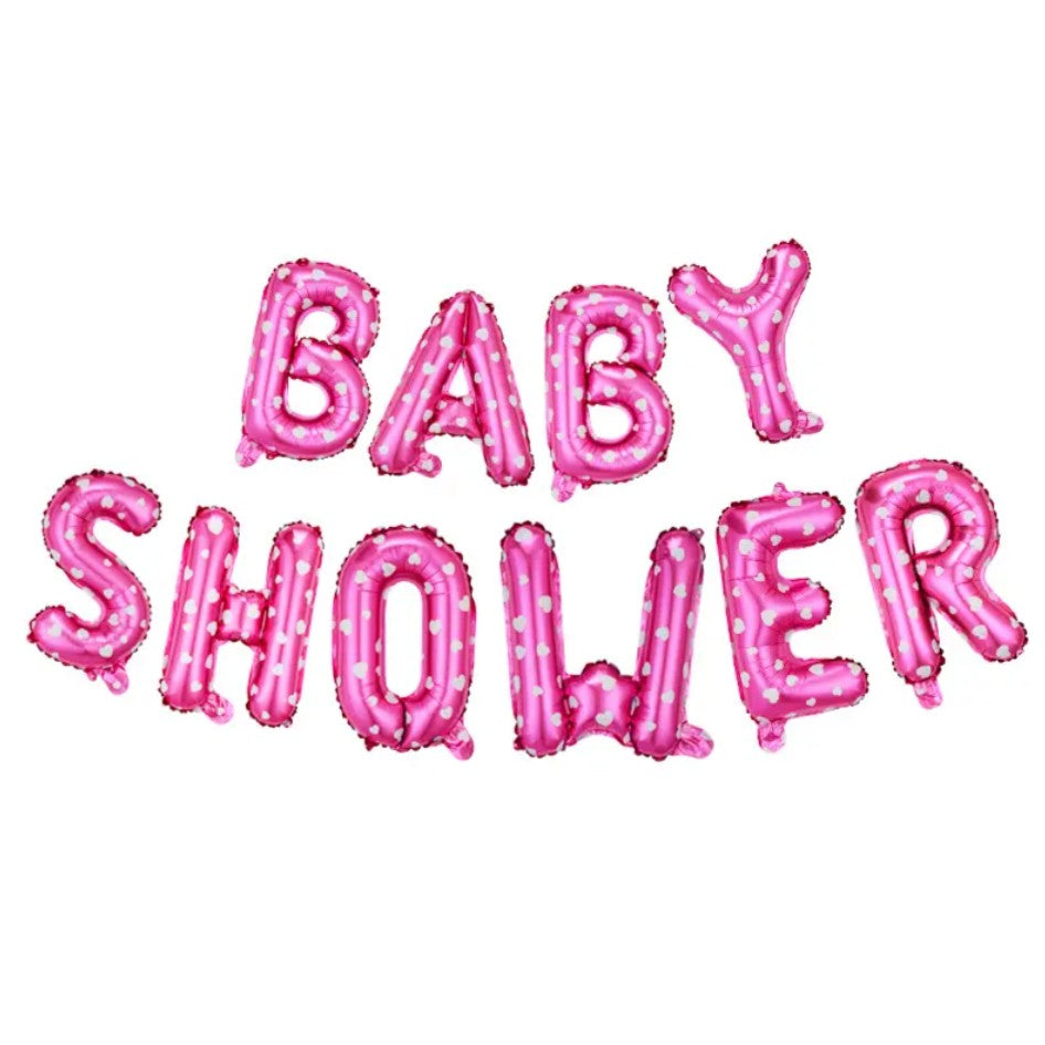 Set Baloane din Folie Metalizata, Model Baby Shower, Litere de 40 cm, Baloane Party, Ambalaj Individual, Pai, Ata si Adeziv Incluse, Umflare cu Aer sau Heliu, Roz